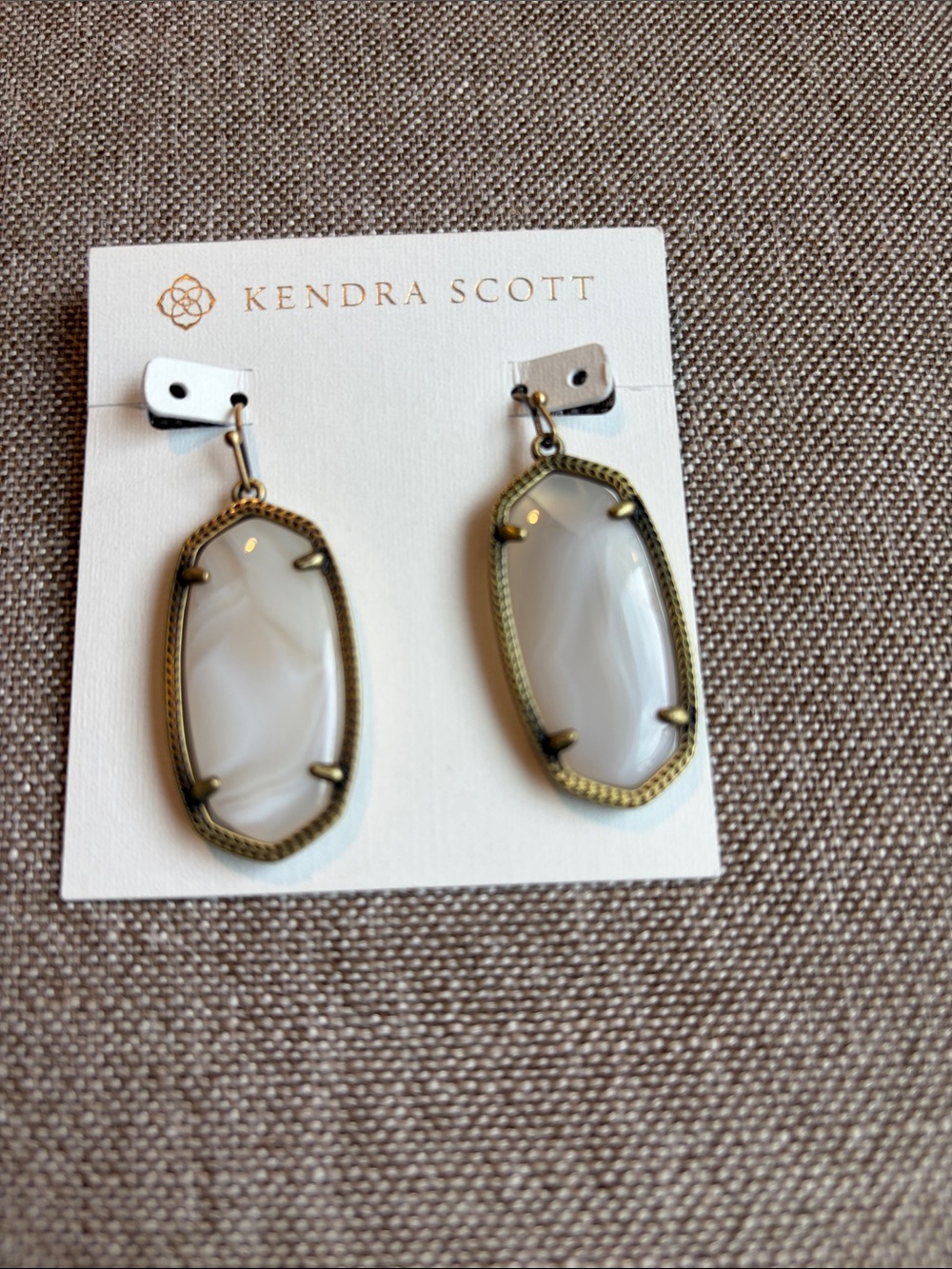 Kendra Scott Elle White Banded Agate Antique Brass Drop Earrings